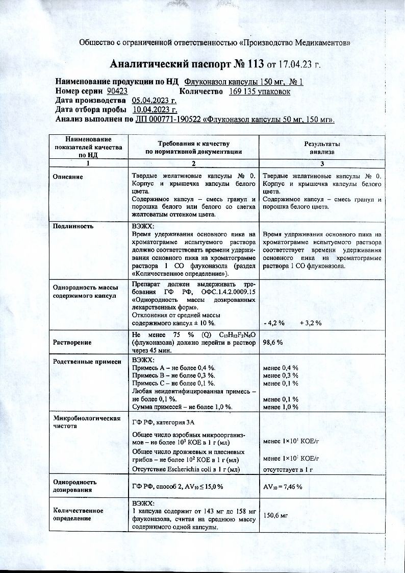 Флуконазол капс 150мг №1 ⭐ Купить в интернет-аптеке | Артикул: 37973 |  Производитель: Производство Медикаментов - Ваша Аптека №1 | Москва и  Московская область