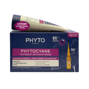 Купить: Phytosolba Phyto Phytocyane 5 мл 12 шт сыворотка против выпадения волос для женщин ампулы + 100 мл 1 уп шампунь укрепляющий