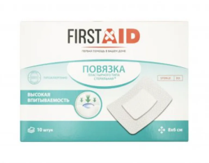 Купить: First Aid  8 см х 6 см 10 шт пластырь медицинский нетканная основа стерильный