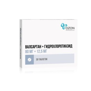 Купить: Валсартан+Гидрохлортиазид 80 мг + 12,5 мг 30 шт таблетки покрытые пленочной оболочкой