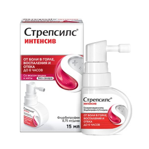 Купить: Стрепсилс Интенсив 15 мл спрей для местного применения дозированный вишня-мята