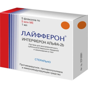 Купить: Лайфферон 3 млн МЕ 5 шт раствор для внутримышечного, субконъюнктивального введения и закапывания в глаз флаконы