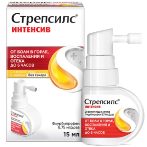 Купить: Стрепсилс Интенсив 15 мл спрей для местного применения дозированный со вкусом меда и лимона без сахара