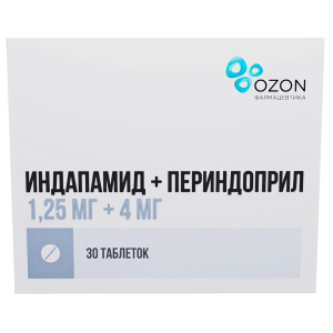 Купить: Индапамид+Периндоприл 1,25 мг + 4 мг 30 шт таблетки