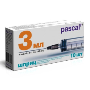 Купить: Pascal 3 мл 10 шт шприц 3-х компонентный с иглой 22G 0,7 мм х 40 мм