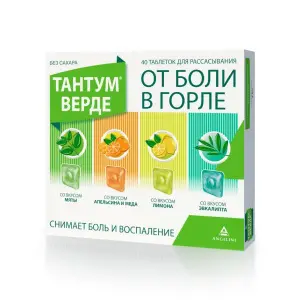 Купить Тантум Верде 40 (10 х 4) шт таблетки для рассасывания со вкусами мята, апельсин-мед, лимон, эвкалипт