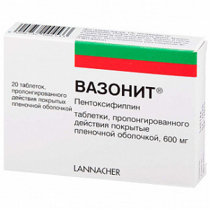 Купить: Вазонит 600 мг 20 шт таблетки с пролонгированным высвобождением покрытые пленочной оболочкой