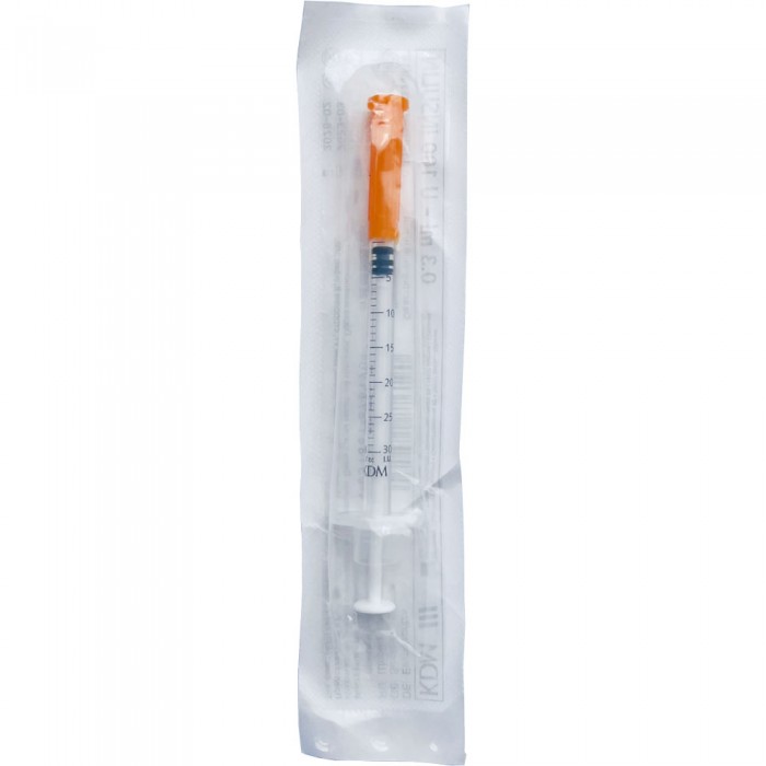 Купить Шприц инсулиновый U-100 0,3 мл 1 шт 3-х компонентный с интегрированной иглой 30G (0,30 x 8 мм)