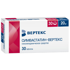 Купить: Симвастатин Вертекс 20 мг 30 шт таблетки покрытые пленочной оболочкой