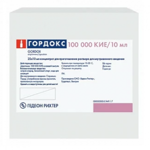 Купить: Гордокс 10000 КИЕ/мл 10 мл 25 шт раствор для внутривенного введения ампулы