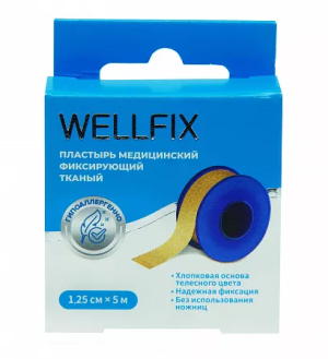Купить: Wellfix пластырь 1 шт 1,25 см × 5 м фиксирующий на тканевой основе телесный