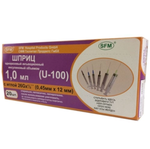 Купить: SFM U-100 1 мл 20 шт шприц инсулиновый с иглой