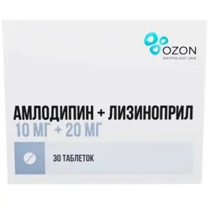 Купить Амлодипин + Лизиноприл 10 мг + 20 мг 30 шт таблетки покрытые пленочной оболочкой