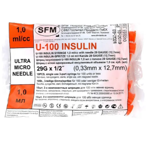 Купить: SFM U-100 1 мл 10 шт шприц инсулиновый одноразовый 3-х компонентный с интегрированной иглой 29G (0,33 мм х 12,7 мм)
