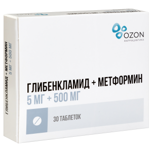 Купить: Глибенкламид + Метформин 5 мг + 500 мг 30 шт таблетки покрытые пленочной оболочкой