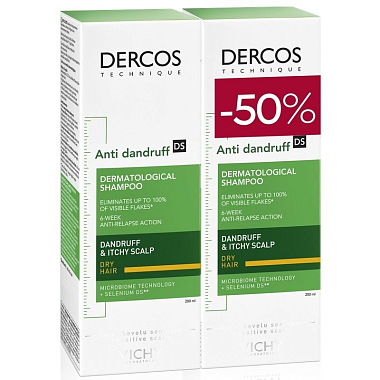 Купить Vichy Dercos 200 мл 2 шт шампунь-уход интенсивный против перхоти для сухих волос