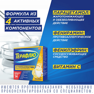 Купить Терафлю 2 г 14 шт порошок для приготовления раствора для приема внутрь лимон