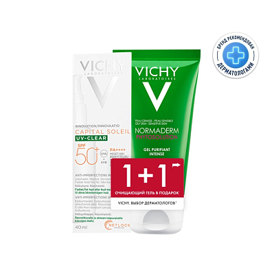 Купить Набор Vichy Capital Soleil Очищение и защита для кожи, склонной к несовершенствам: флюид солнцезащитный для лица UV-Clear SPF50+ 40 мл+Normaderm Phytosolution гель очищающий для умывания 50 мл