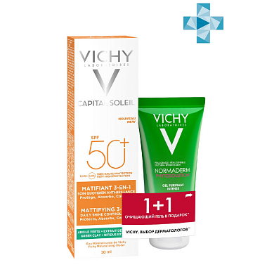 Купить Vichy набор Capital Soleil Ежедневный матирующий уход для жирной проблемной кожи 3-в-1 SPF50+ 50мл + Normaderm Phytosolution ﻿Гель очищающий для умывания, 50мл