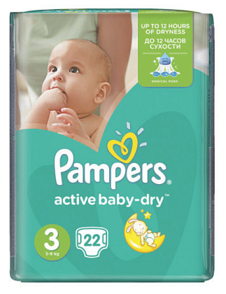 Купить Pampers Active Baby-Dry 22 шт подгузники размер 3 (6 - 10 кг)
