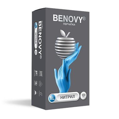 Купить Benovy Перчатки нитриловые 100 пар смотровые нестерильные неопудренные текстурированные на пальцах хлорированные голубые р.XL 