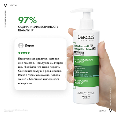 Купить Vichy Dercos 390 мл шампунь-уход интенсивный против перхоти для нормальных и жирных волос
