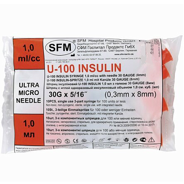 Купить SFM U-100 1 мл 10 шт шприц инсулиновый одноразовый 3-х компонентный с интегрированной иглой 30G (0,3 мм х 8 мм)