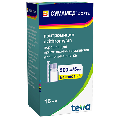 Купить Сумамед Форте 200 мг/5 мл 15 мл банан порошок для приготовления суспензии для приема внутрь