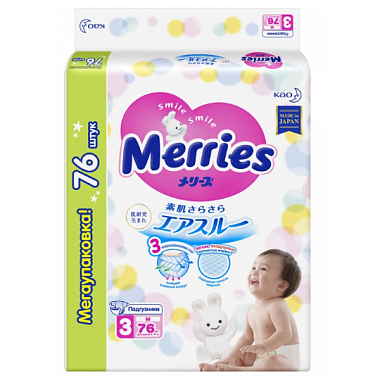 Купить Merries 76 шт размер M 6-11 кг подгузники